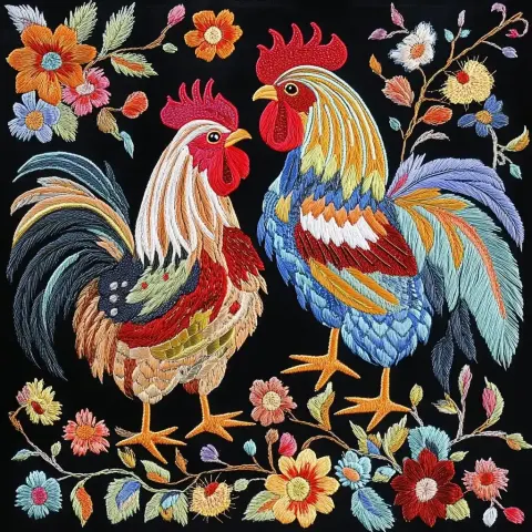 Vibrant Roosters in Embroidery