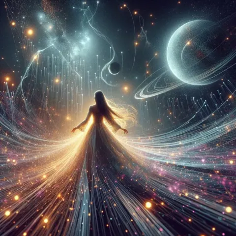 Girl in Flowing Dress With Stardust and Constellations