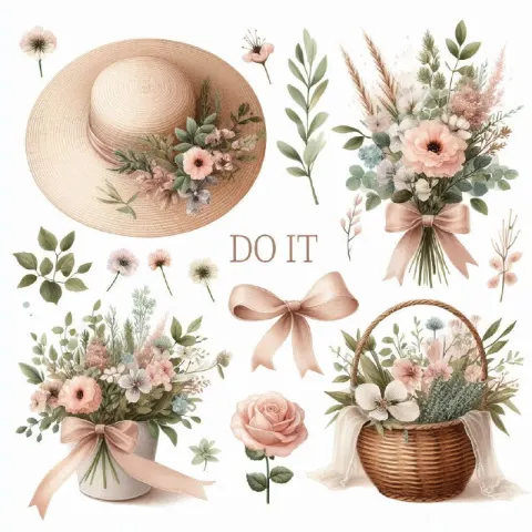 Vintage Pastel Floral Watercolor Clipart With Straw Hats