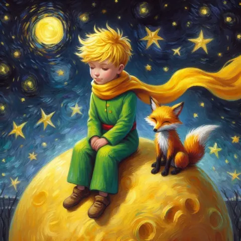 Little Prince and Fox on Yellow Planet Oil Painting