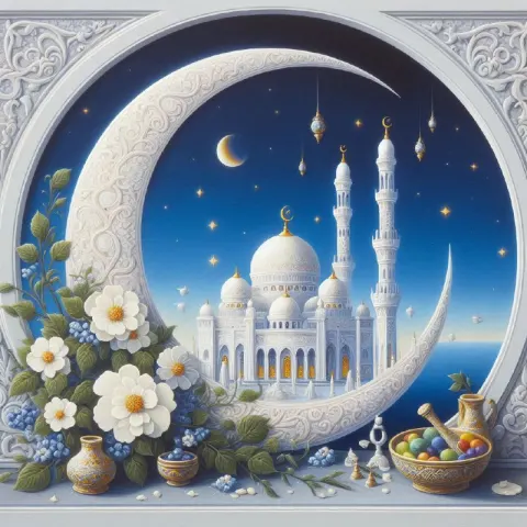 White Crescent and Mosque Gouache Painting on Blue