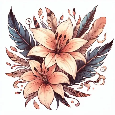 Pastel Dream Lily Tattoo Design With Feather Motifs
