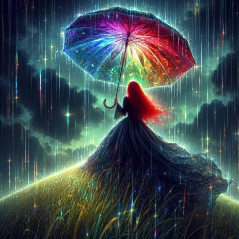 Red-Haired Woman With Iridescent Zircon Umbrella in Rain