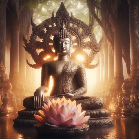 Mystical Buddha Statue Bathed in Golden Divine Aura