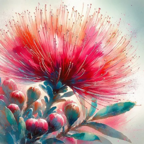 Impressionist Pohutukawa Flower Watercolor Illustration