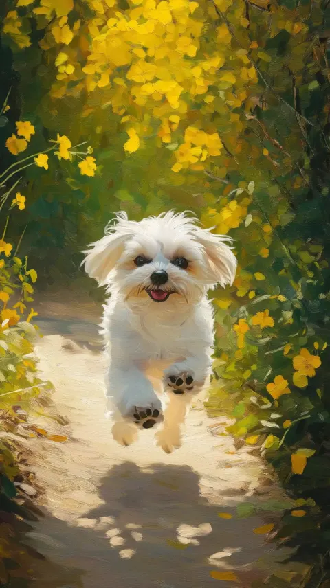 Maltese Dog in Forsythia