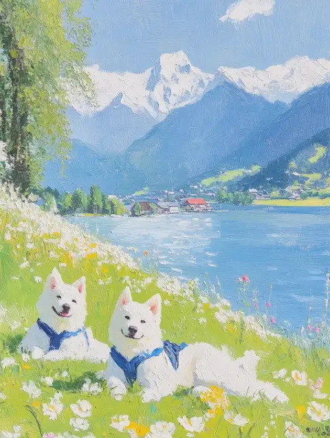 Impressionist Akitas by Lake
