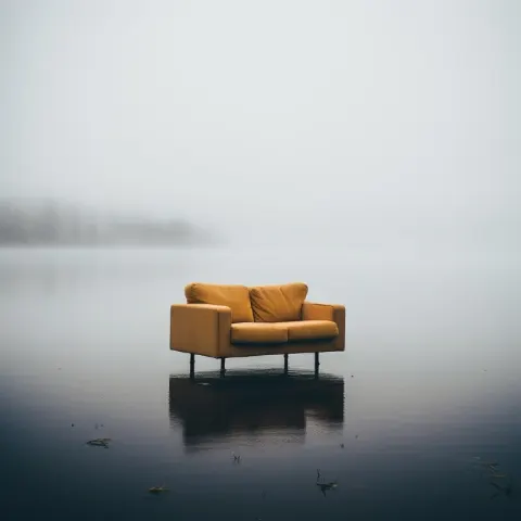Broken Sofa Emerging From Foggy Lake Film Photograph