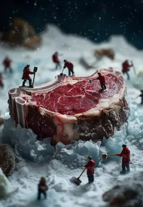 Surreal Steak in Icy Landscape