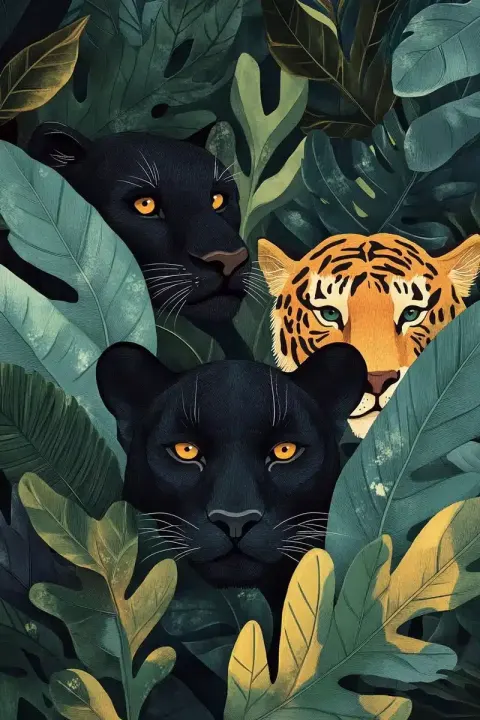 Whimsical Big Cats in Jungle
