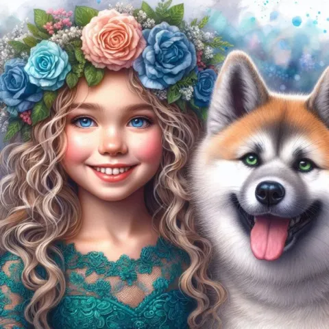 Blonde Girl With Flower Crown and Akita Storybook Art
