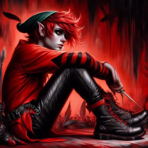 Emo Peter Pan Portrait in Red and Black Oil Paint
