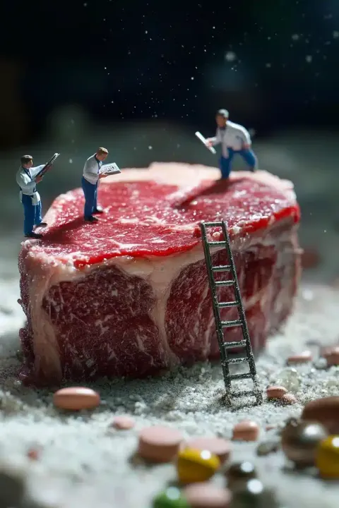 Hyper-Realistic Scientists Examining Steak