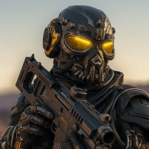 Dystopian Cyborg Soldier With Yellow X-Eyed Gas Mask