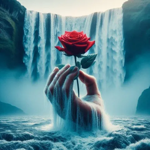 Hand Holding Red Rose Against Cascading Waterfall