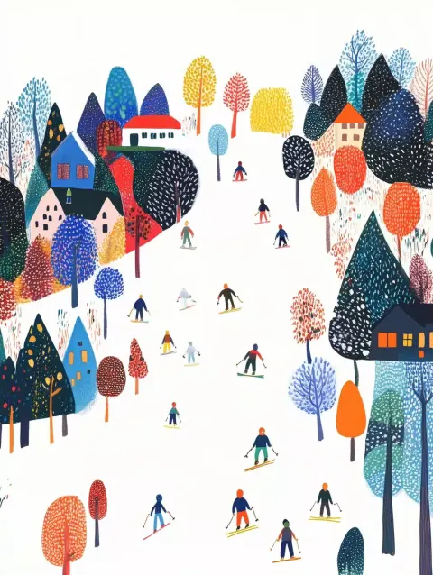 Matisse-Style Skiers on Hillside