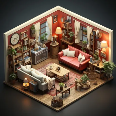 Isometric Living Room in Flat 2D Game Art Style