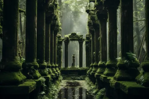 Moss Covered Colonnade Leading Into Enchanted Forest
