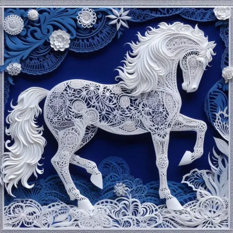 White Lace Paper Art Horse on Purple Floral Background