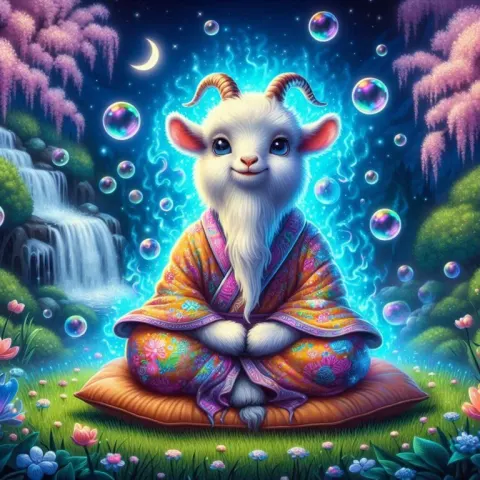 Zen Goat in Bioluminescent Meadow