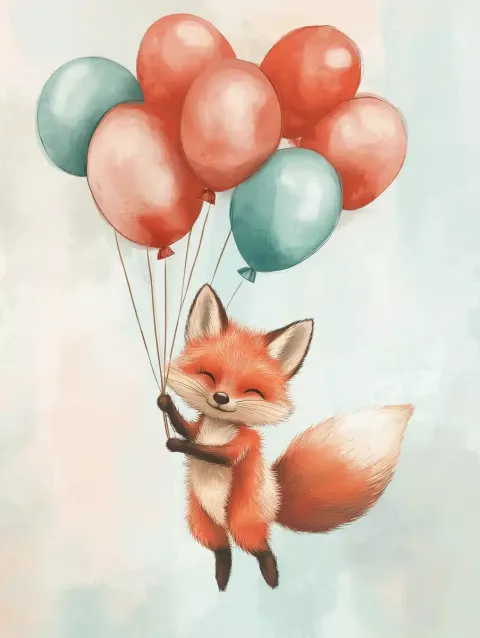 Fox Cub with Balloons Illustration