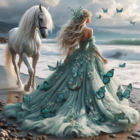 Woman in Teal Butterfly Gown Walking Shore With Horse