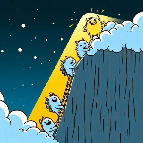 Cartoon Monsters Climbing Cliff Under Yellow Light