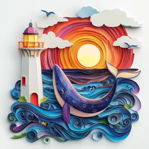 Colorful Quilled Lighthouse and Whale