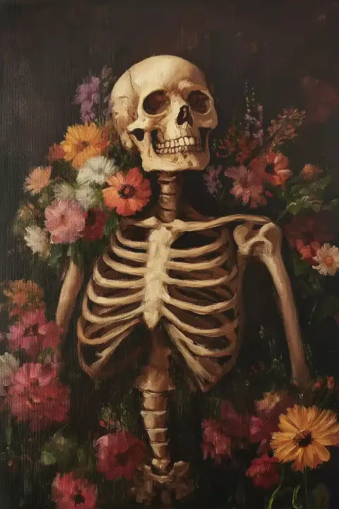 Skeleton Surrounded by Flowers