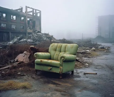 Abandoned Furniture at Misty Gothic Industrial Site