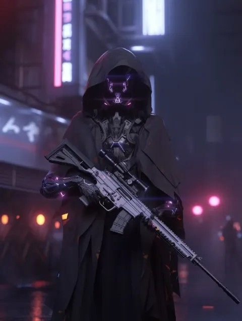 Cyberpunk Robot With Metal Hood and Rotary Saw Weapon