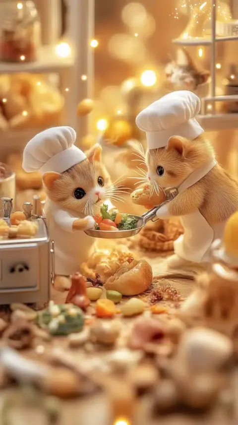 Miniature Cat Chefs Cooking
