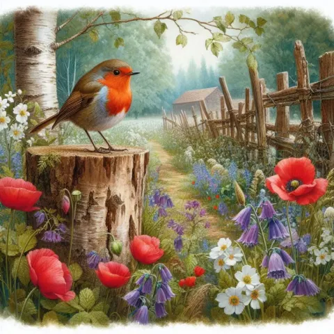 Red Robin on Stump With Wild Roses Watercolor Scene