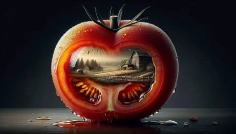 Realistic Tomato with Vintage Farm Scene