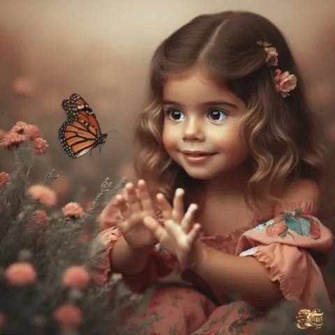 Girl in Flower Field Reaching for Hovering Butterfly