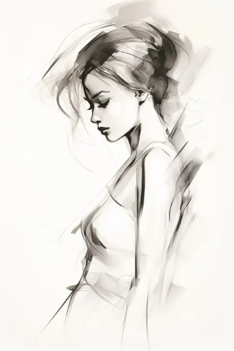Black Pencil Contour Sketch of Girl Silhouette