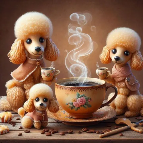 Apricot Poodles Sharing Coffee Whimsical Illustration