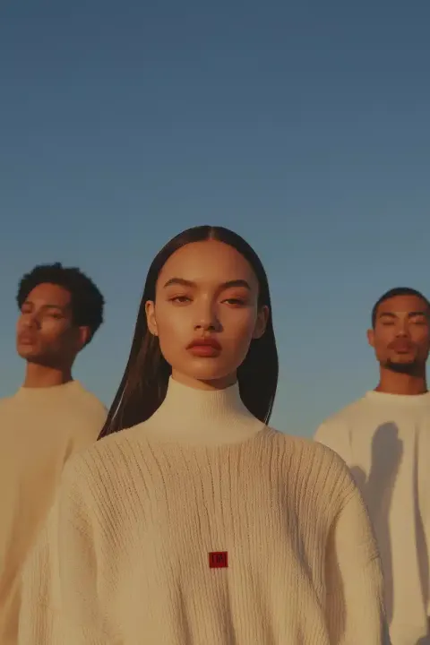 Cinematic Fashion Trio Against Sky