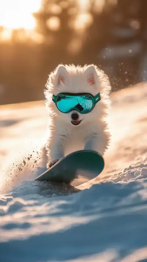 Snowy Puppy on Snowboard