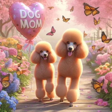 Apricot Poodles With Dog Mom Balloon in Butterfly Garden