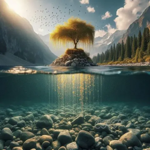 Crystal Clear Lake From Water Level With Rocky Mound