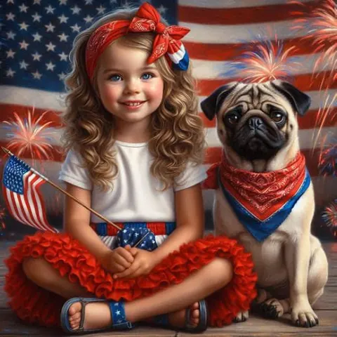 Patriotic Girl With American Flag and Red Bandana