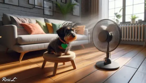 Wet Wire-Haired Dachshund Cooling by Fan Indoors
