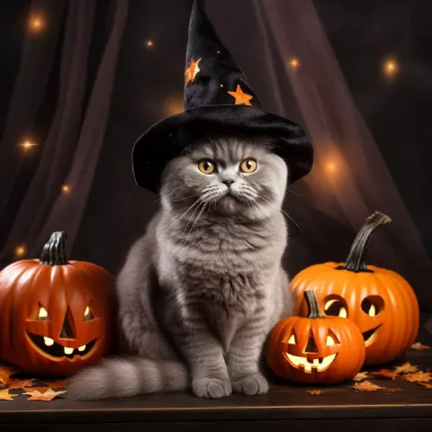 British Cat in Witch Costume on Pumpkin Halloween Art