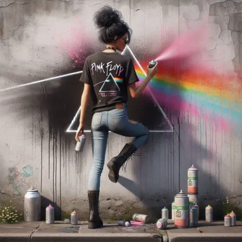 Rocker Woman Spraying Pink Floyd Graffiti on Wall