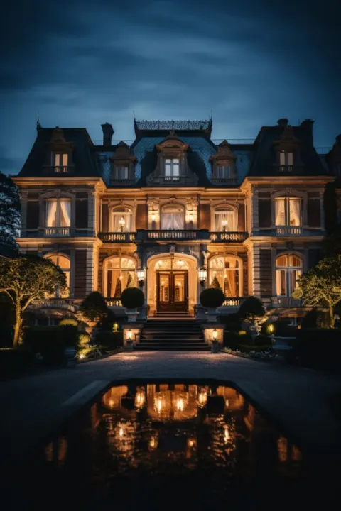 Wealthy Mansion at Night With Glowing Windows
