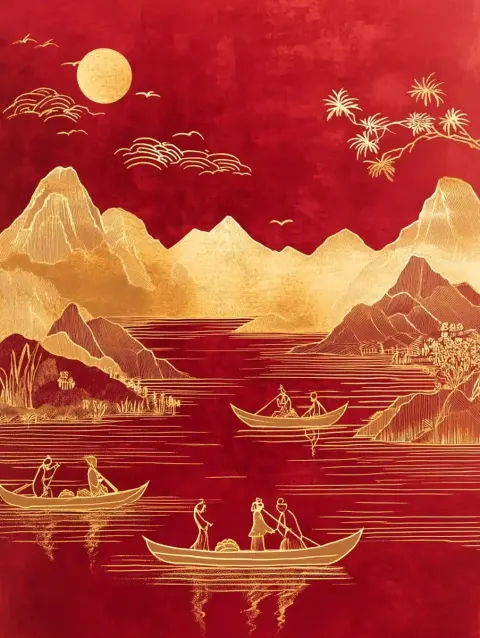 Gold Foil Dragon Boat Landscape