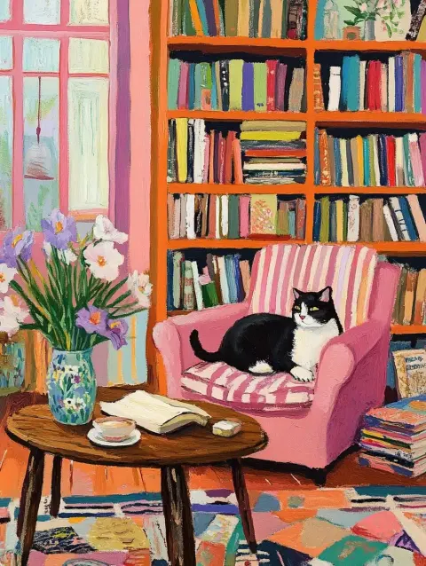 Cozy Cat in Pastel Library