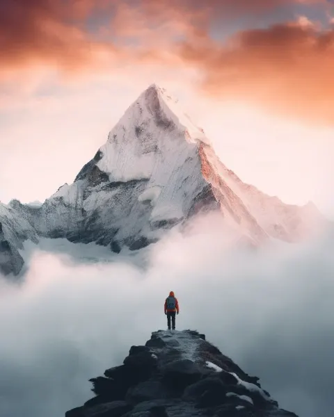 Lone Person Standing Before Snowy Mountain Photograph