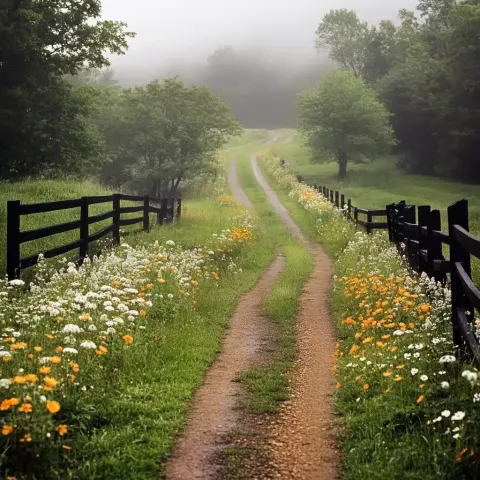 Foggy Country Road Scene